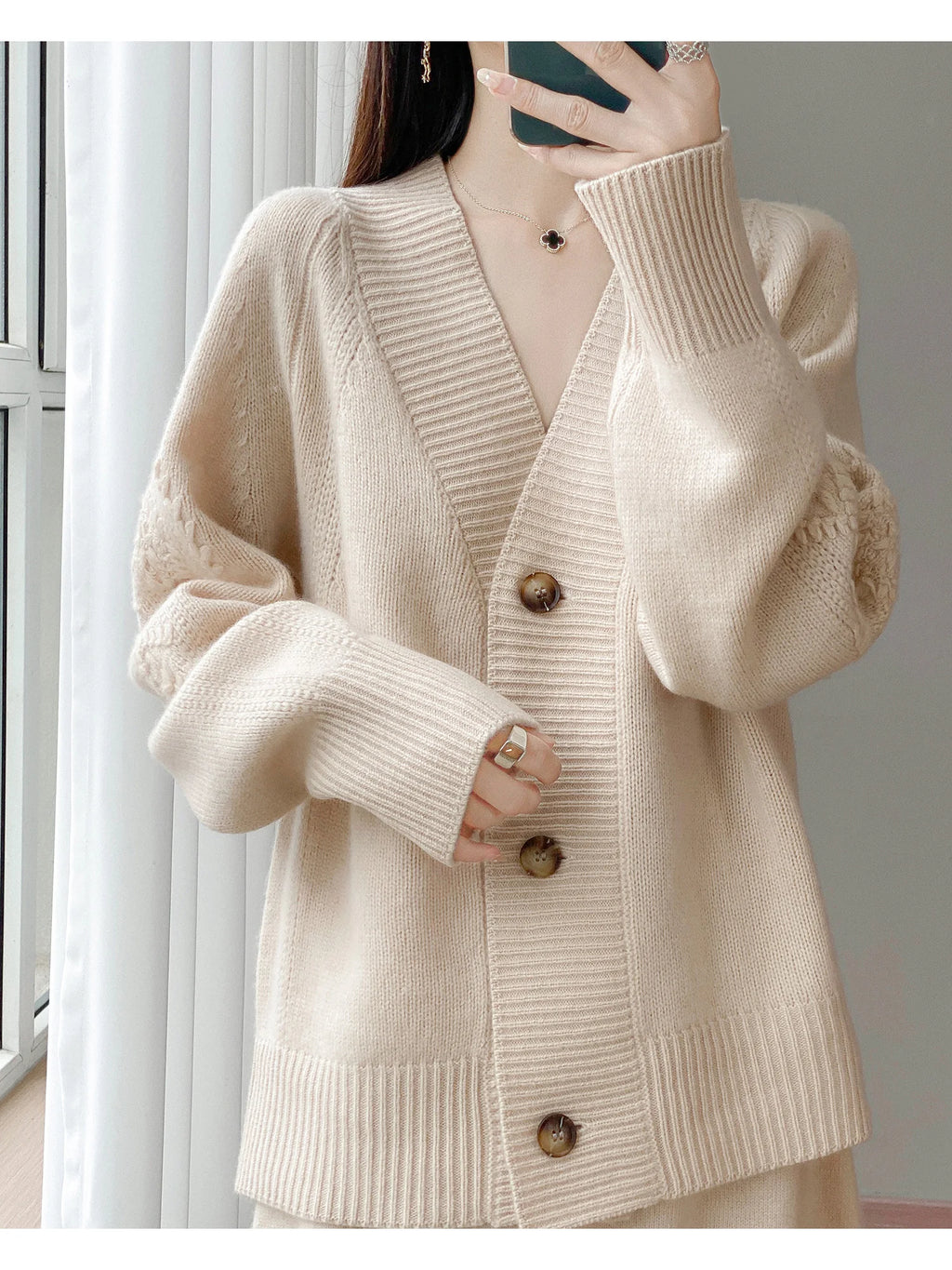 Wool V-Neck Cardigan | Cable Sleeve Detail, Oversized Fit | Women's