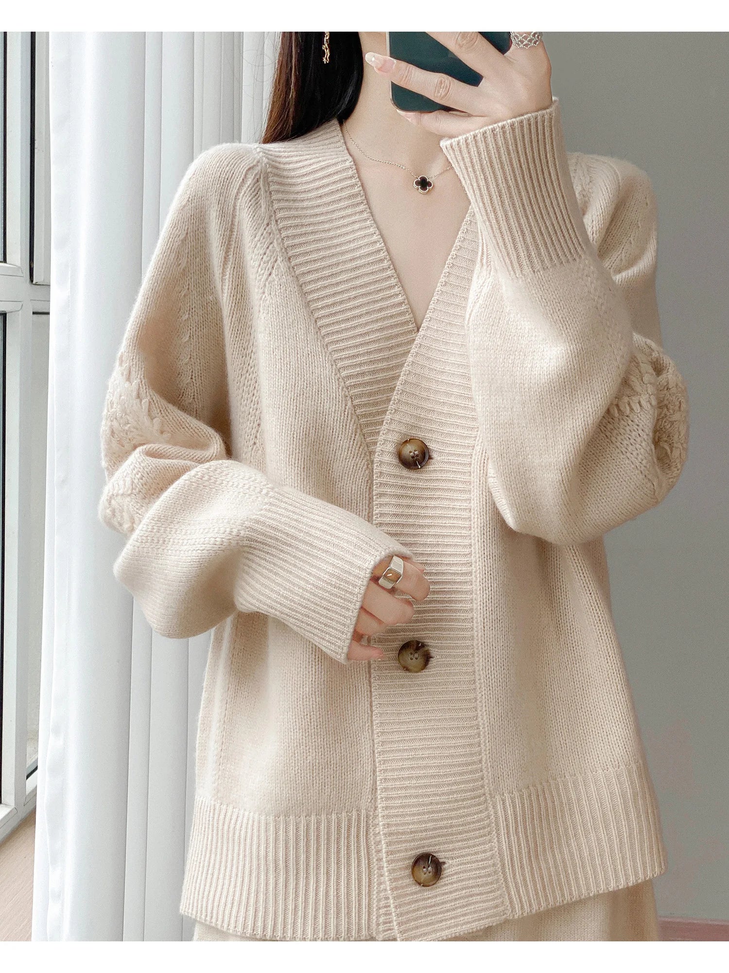 Wool V-Neck Cardigan | Cable Sleeve Detail, Oversized Fit | Women's