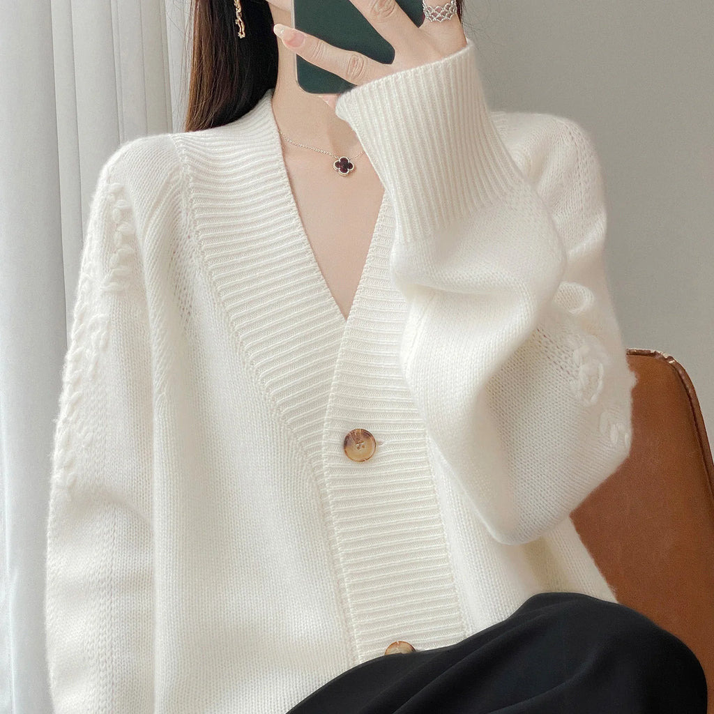 Wool V-Neck Cardigan | Cable Sleeve Detail, Oversized Fit | Women's