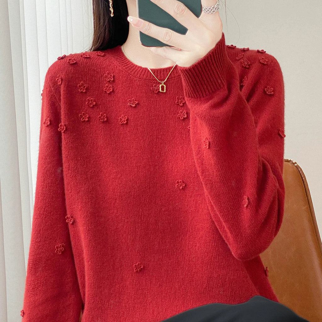 Wool Round Neck Pullover Sweater | Full-Body Floral Knit | 6 Colors, Sizes S–XXL