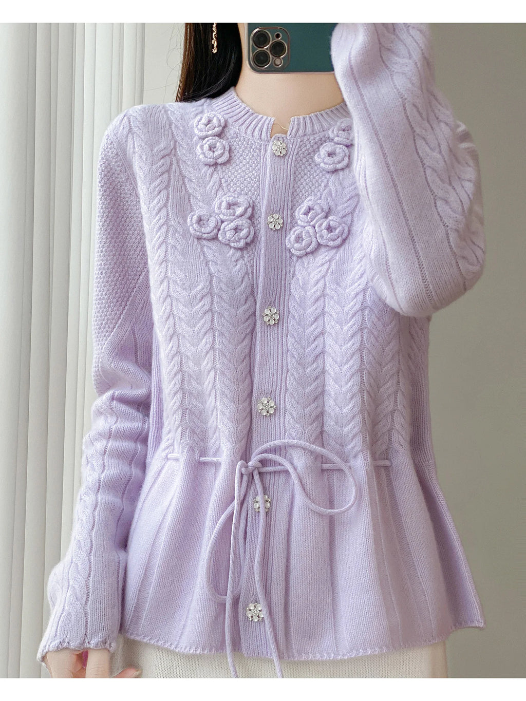 Floral Appliqué Cable-Knit Cardigan | Rhinestone Buttons, Drawstring Waist | 5 Colors, Sizes M–XXL