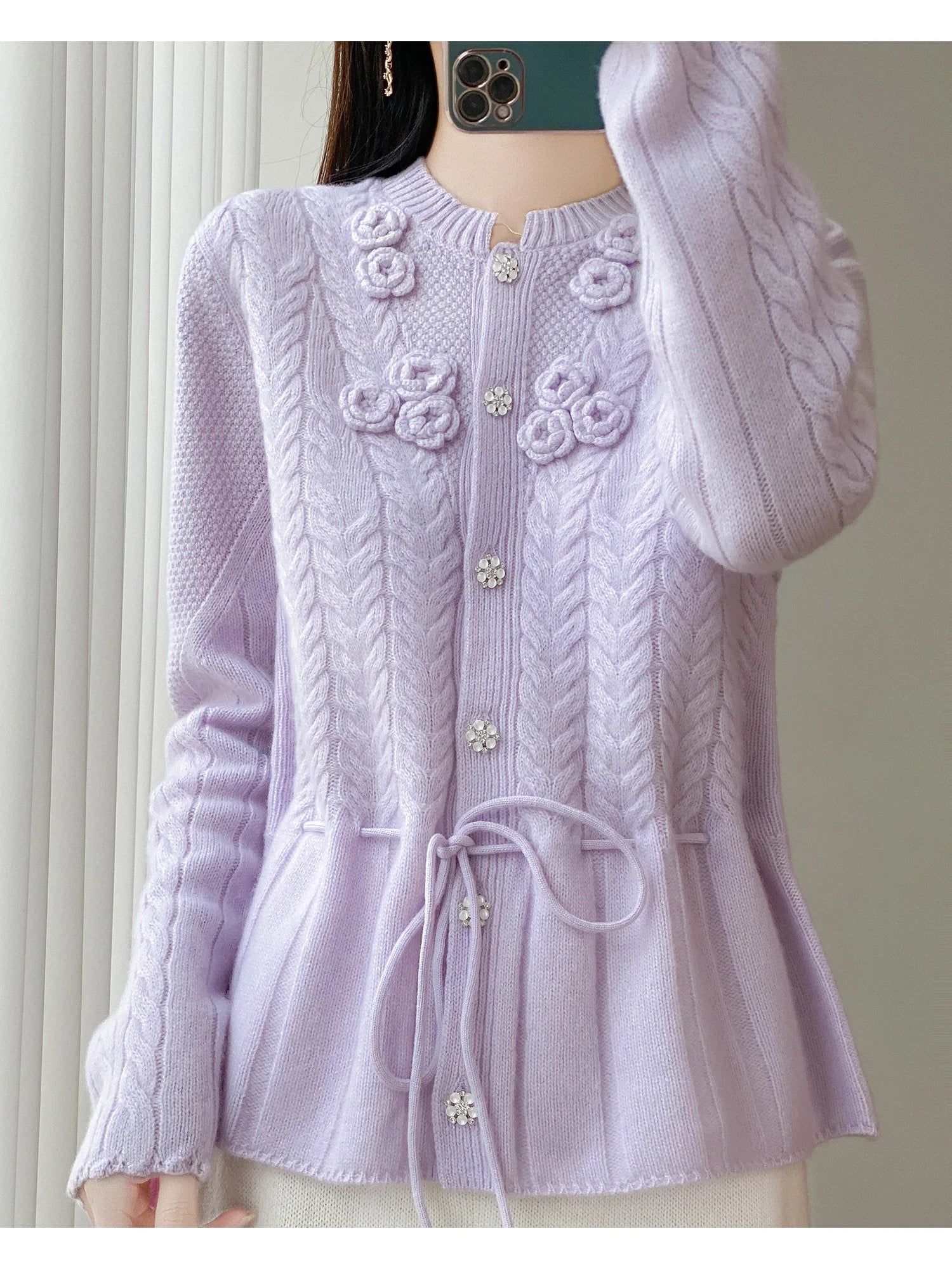 Floral Appliqué Cable-Knit Cardigan | Rhinestone Buttons, Drawstring Waist | 5 Colors, Sizes M–XXL
