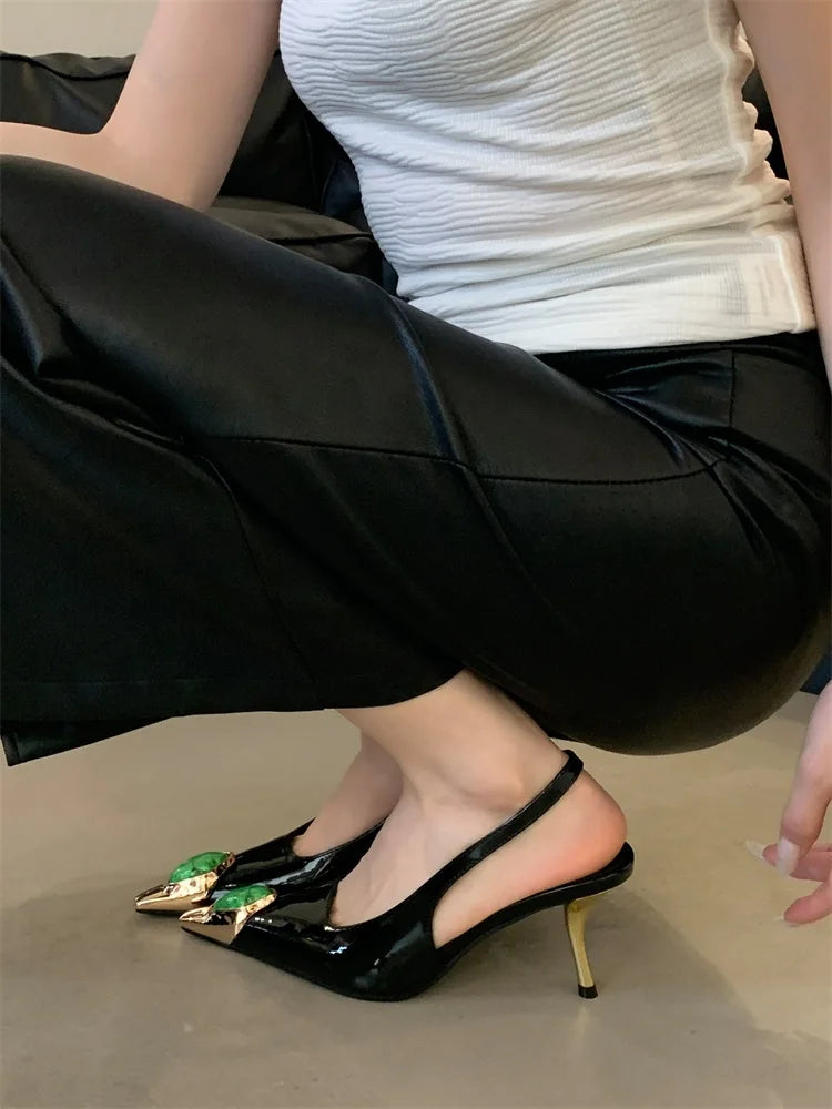 Diamond Inlay Pointed Toe Slingback Heels