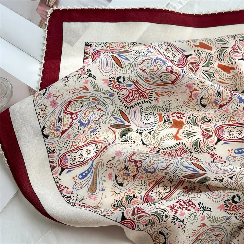 Mulberry Silk Square Scarf | Burgundy Border, Paisley Print | 65x65cm