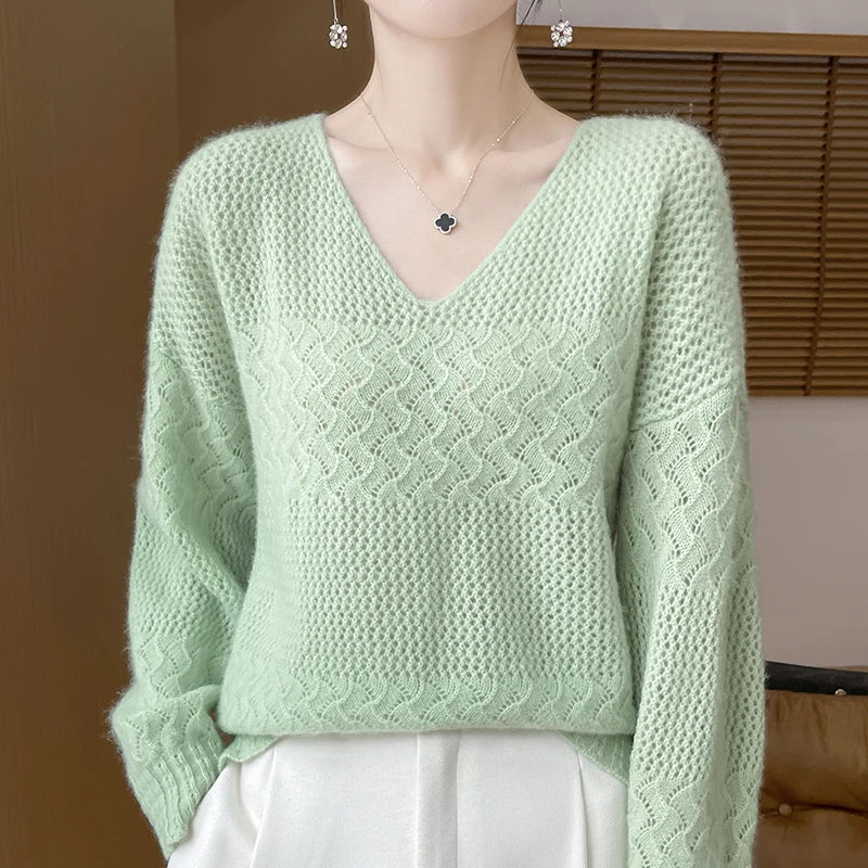 Wool V-Neck Pullover Sweater | Hollow Jacquard Knit | 8 Colors, Sizes M–XL