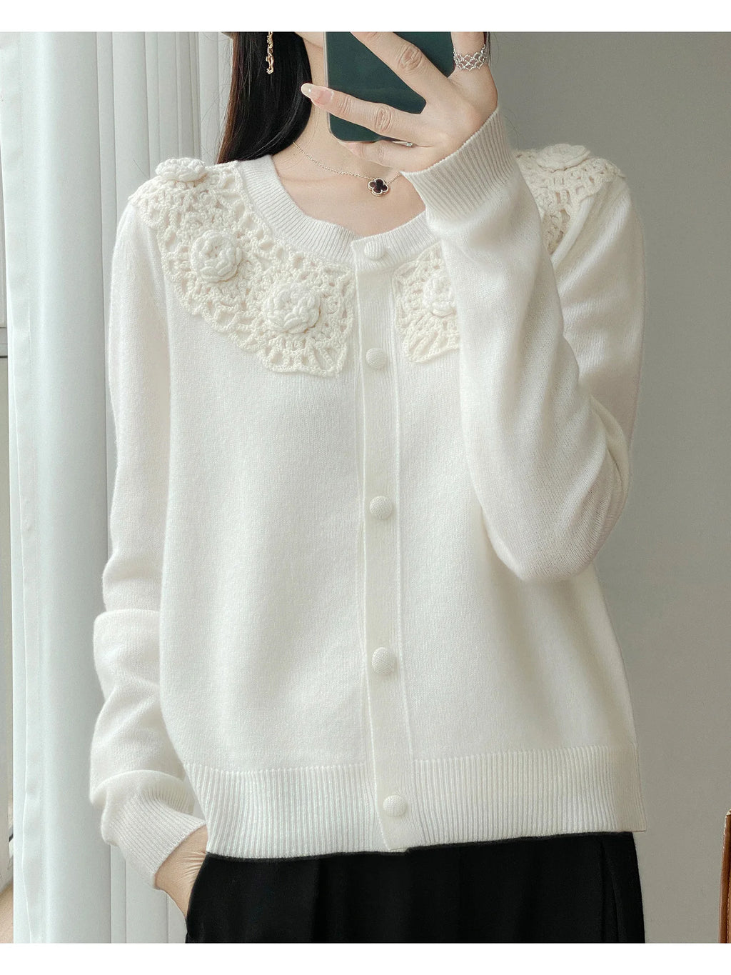 Crochet Floral Collar Cardigan | Button-Down Knit | 6 Colors, Sizes S–XXL