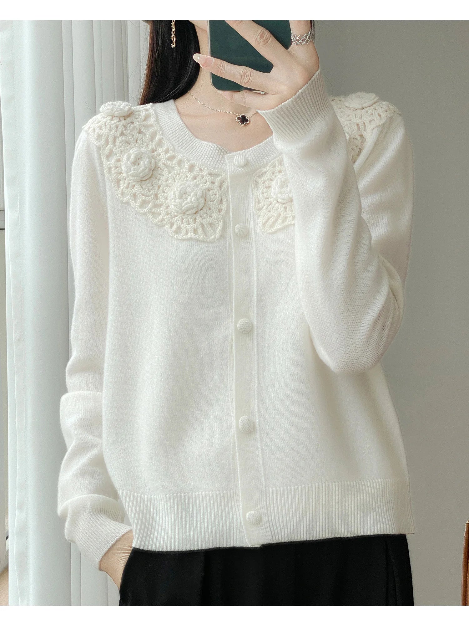 Crochet Floral Collar Cardigan | Button-Down Knit | 6 Colors, Sizes S–XXL