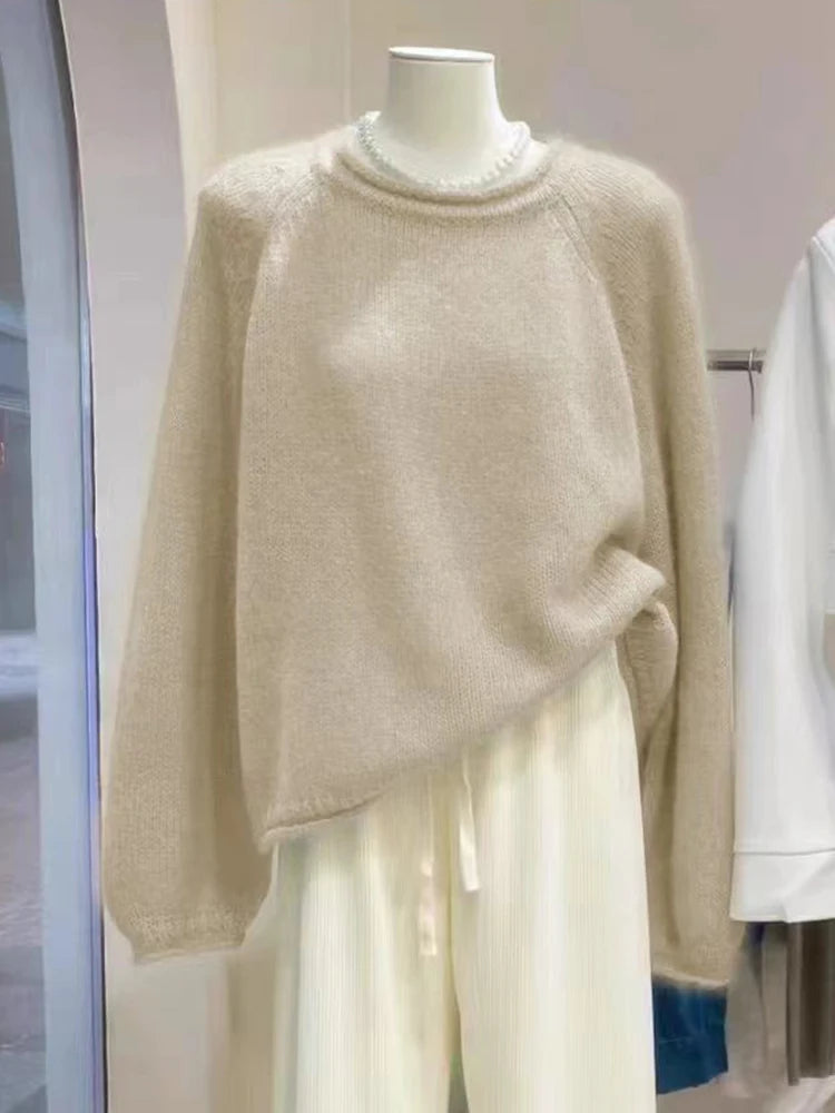 Pure Wool Round Neck Pullover Sweater | Raglan Sleeve, Loose Fit | Women's