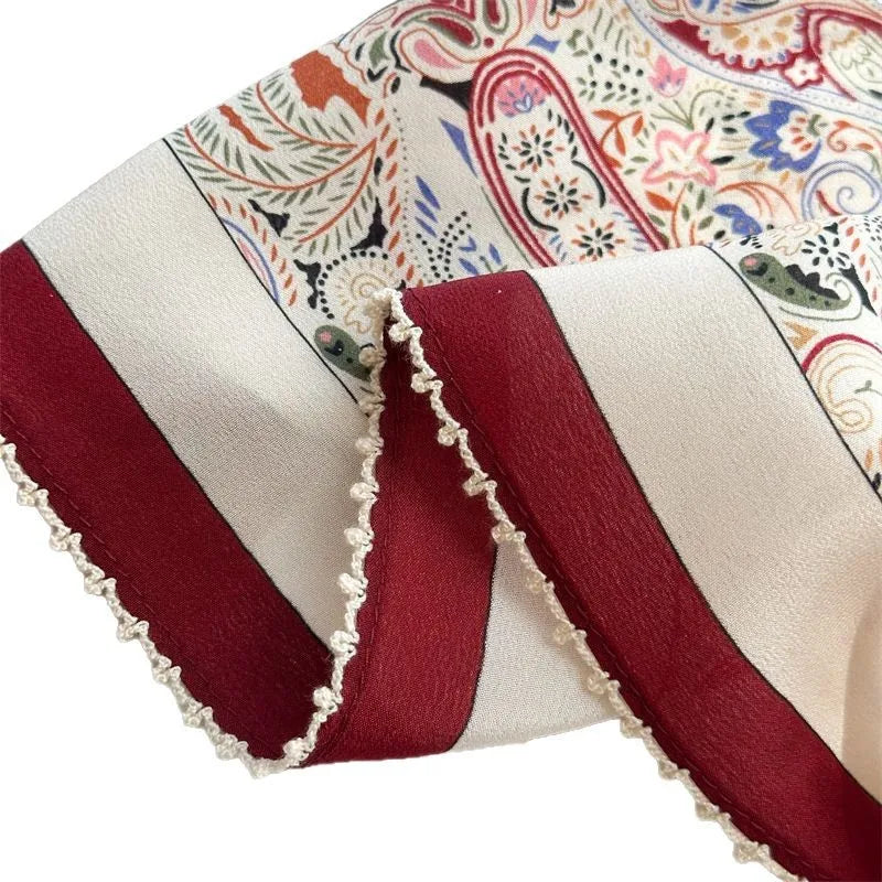 Mulberry Silk Square Scarf | Burgundy Border, Paisley Print | 65x65cm