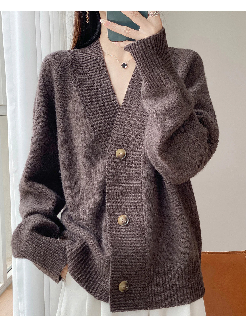 Wool V-Neck Cardigan | Cable Sleeve Detail, Oversized Fit | Women's
