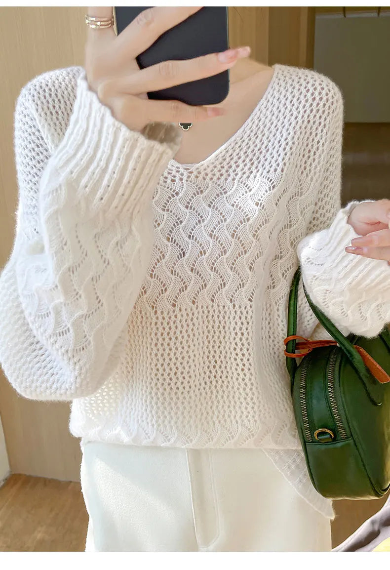 Wool V-Neck Pullover Sweater | Hollow Jacquard Knit | 8 Colors, Sizes M–XL