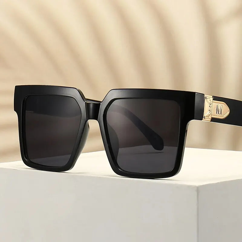Black Oversized Square Sunglasses for Women | Black Designer Frames with Gold Accents