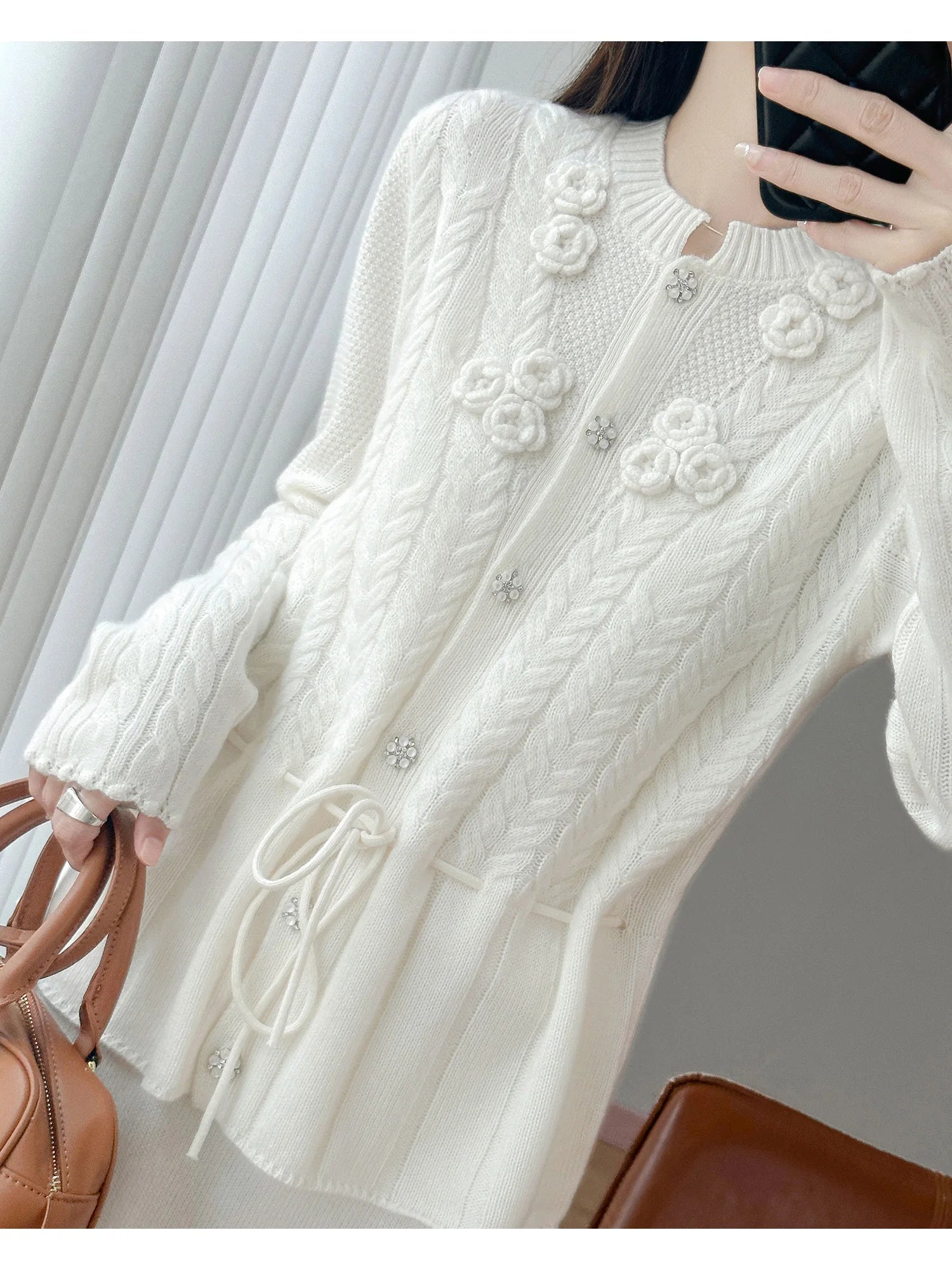 Floral Appliqué Cable-Knit Cardigan | Rhinestone Buttons, Drawstring Waist | 5 Colors, Sizes M–XXL
