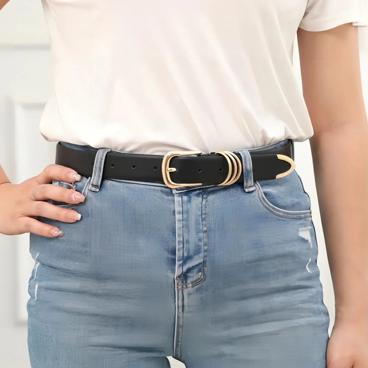 Triple - Ring Gold Buckle PU Leather Belt | Women's Fashion Waist Belt - The PM Edit