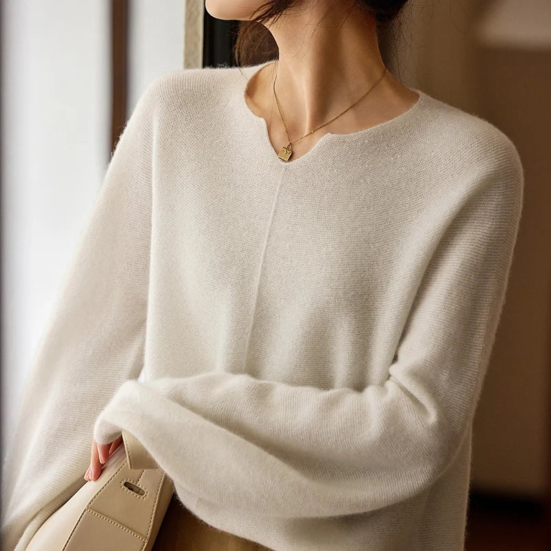 Women's Oversized Pure Wool Pullover Sweater | Notch Neck | Balloon Sleeves | 6 Colors