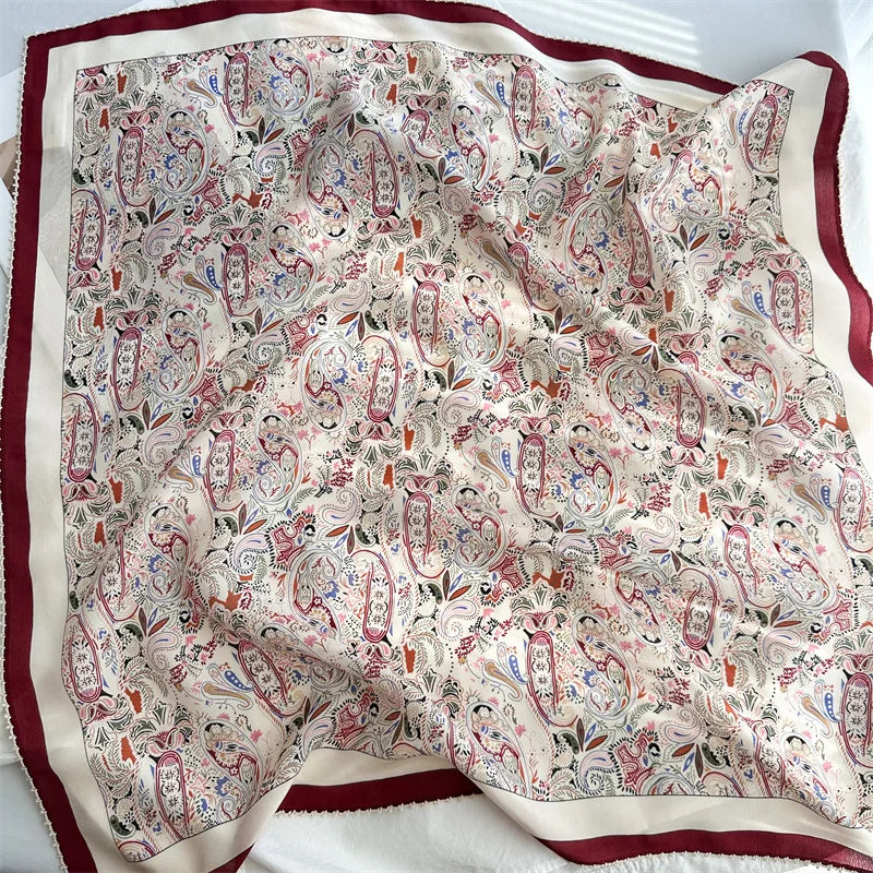 Mulberry Silk Square Scarf | Burgundy Border, Paisley Print | 65x65cm