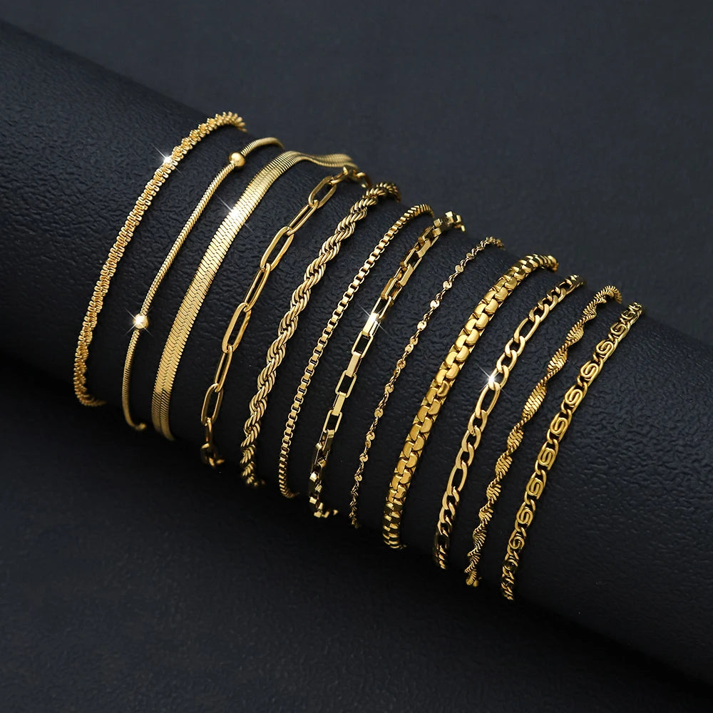 12-Piece Chain Bracelet Set | 18K PVD Gold & Silver Stainless Steel Stackable Bracelets