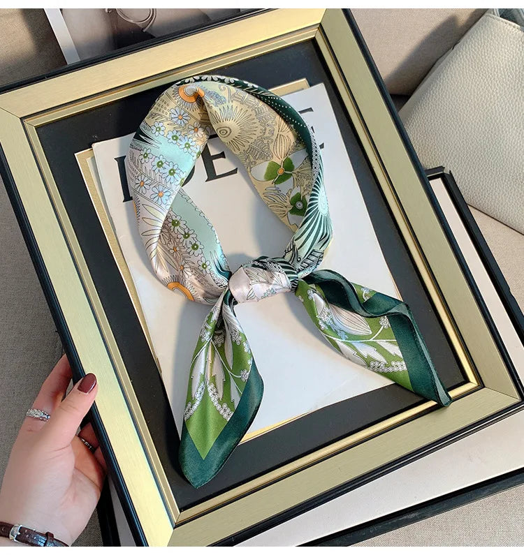 Green Botanical Print Silk Square Scarf | 68x68cm