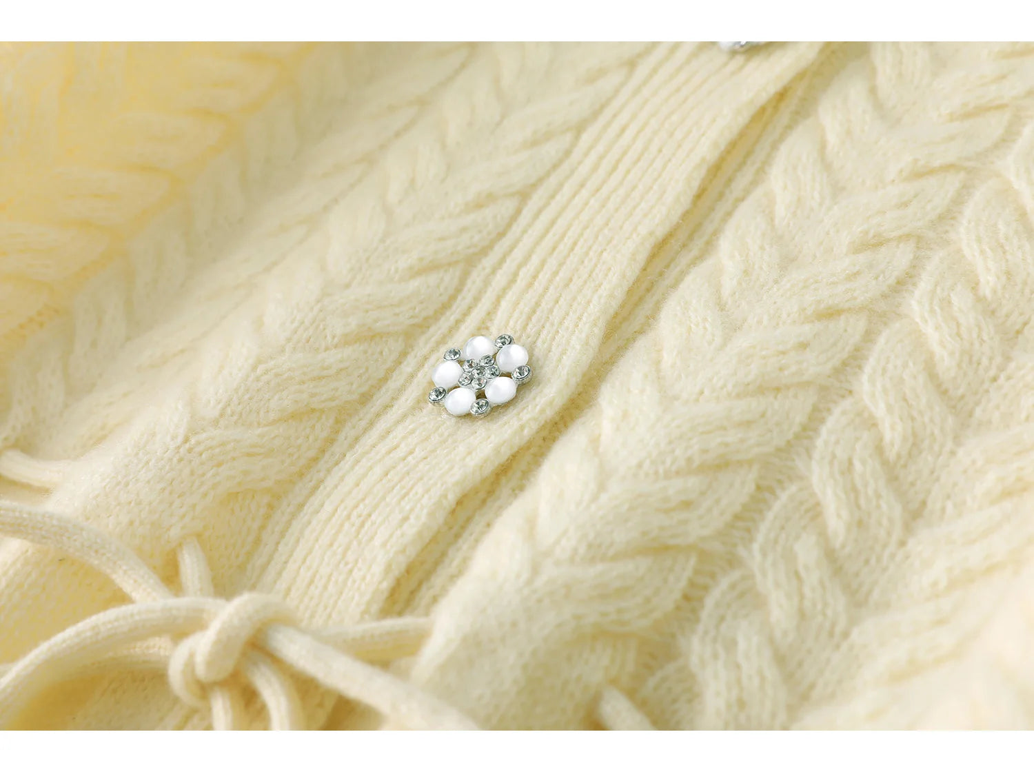 Floral Appliqué Cable-Knit Cardigan | Rhinestone Buttons, Drawstring Waist | 5 Colors, Sizes M–XXL
