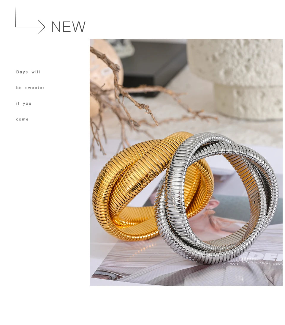 Chunky Ribbed Omega Tube Bangle Bracelet | 18K PVD Gold & Silver Stainless Steel Jewelry
