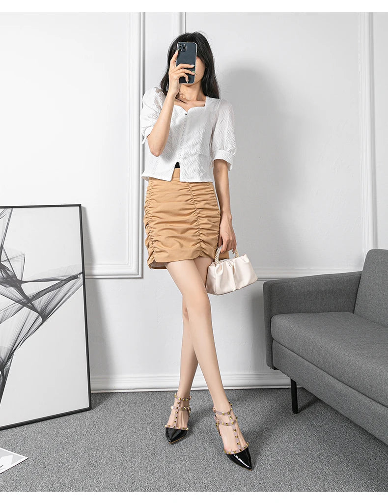 Rivet Strap Pointed-Toe Heeled Sandals | Square Heel