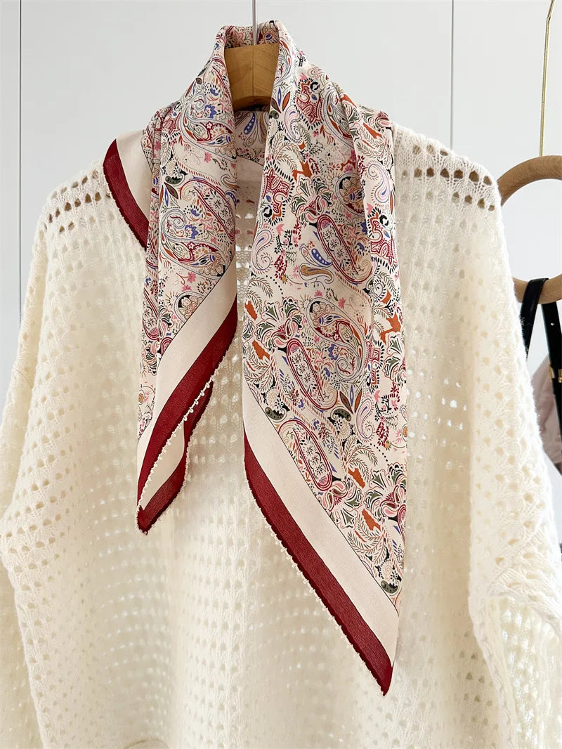 Mulberry Silk Square Scarf | Burgundy Border, Paisley Print | 65x65cm