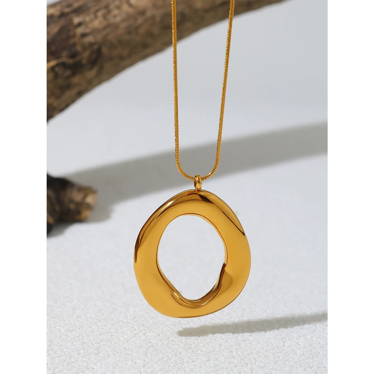 Chunky Irregular Open Oval Pendant Necklace | 18K Gold Plated Snake Chain Statement Jewelry