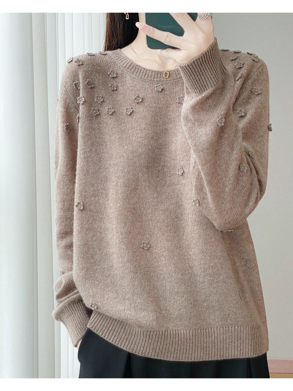Wool Round Neck Pullover Sweater | Full-Body Floral Knit | 6 Colors, Sizes S–XXL