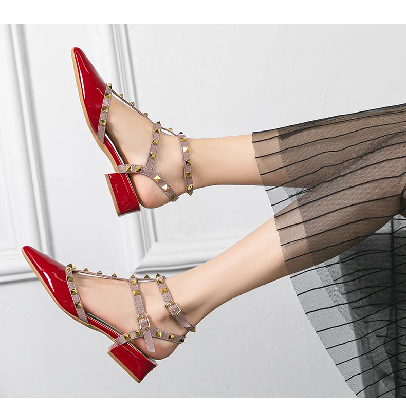 Rivet Strap Pointed-Toe Heeled Sandals | Square Heel