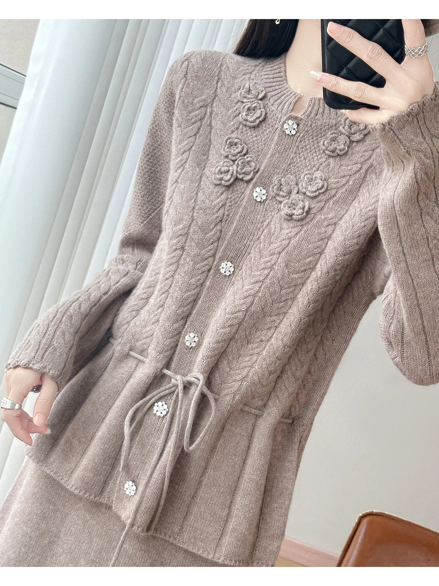 Floral Appliqué Cable-Knit Cardigan | Rhinestone Buttons, Drawstring Waist | 5 Colors, Sizes M–XXL
