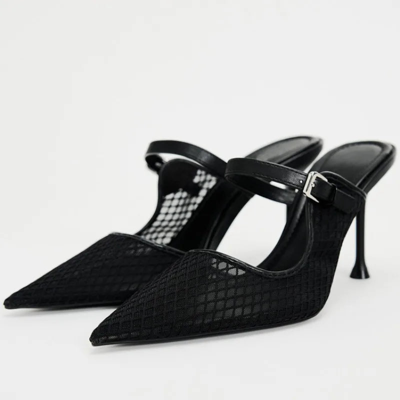 Pointed Toe Mesh Slingback Stiletto Mules — Black