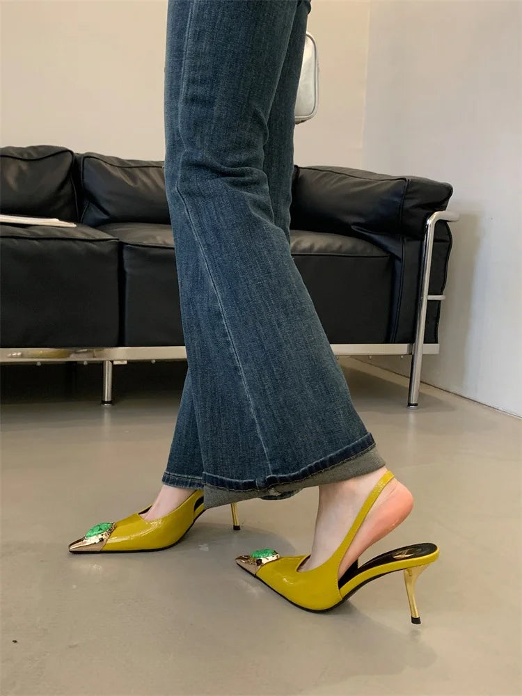 Diamond Inlay Pointed Toe Slingback Heels