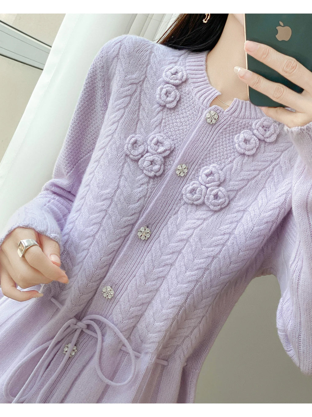 Floral Appliqué Cable-Knit Cardigan | Rhinestone Buttons, Drawstring Waist | 5 Colors, Sizes M–XXL
