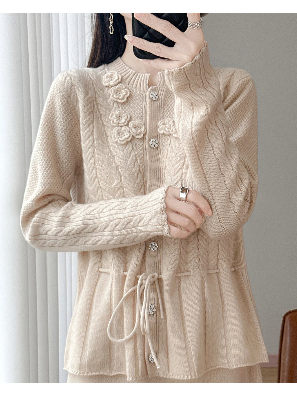 Floral Appliqué Cable-Knit Cardigan | Rhinestone Buttons, Drawstring Waist | 5 Colors, Sizes M–XXL