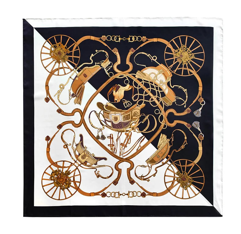 Equestrian Wheel Print Silk Shawl Scarf | 90x90cm