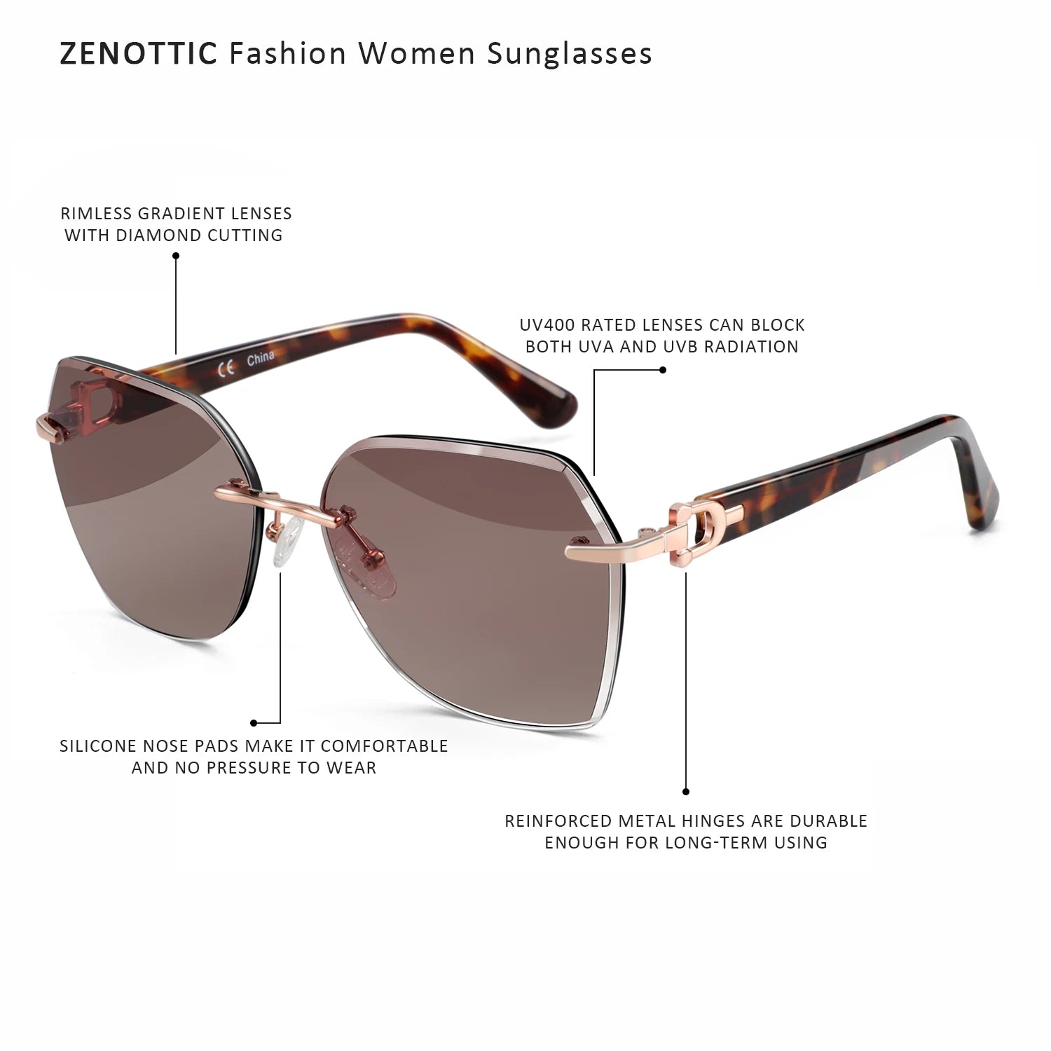 Rimless Oversized Butterfly Sunglasses | UV400 | Diamond-Cut Lenses