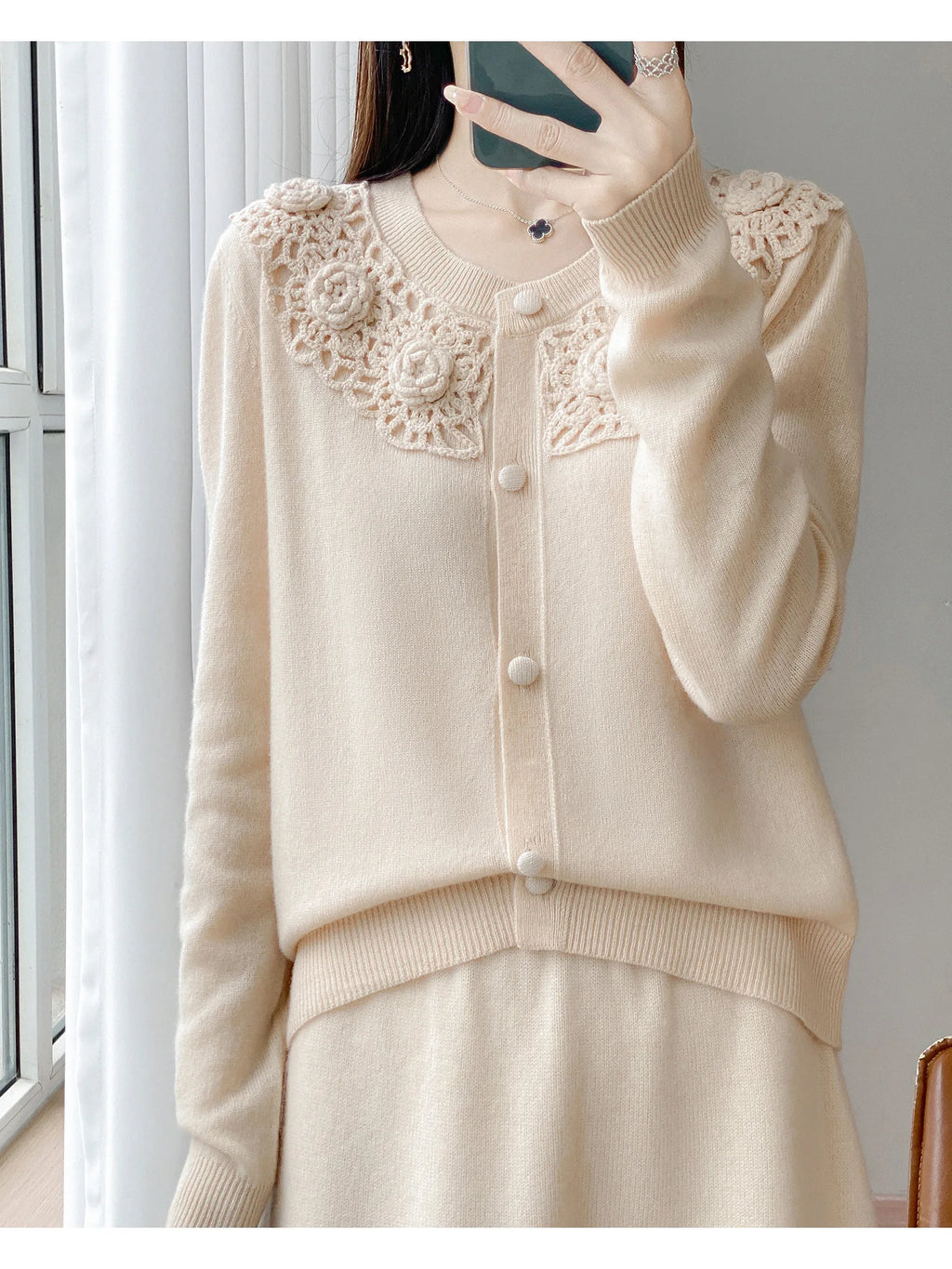 Crochet Floral Collar Cardigan | Button-Down Knit | 6 Colors, Sizes S–XXL