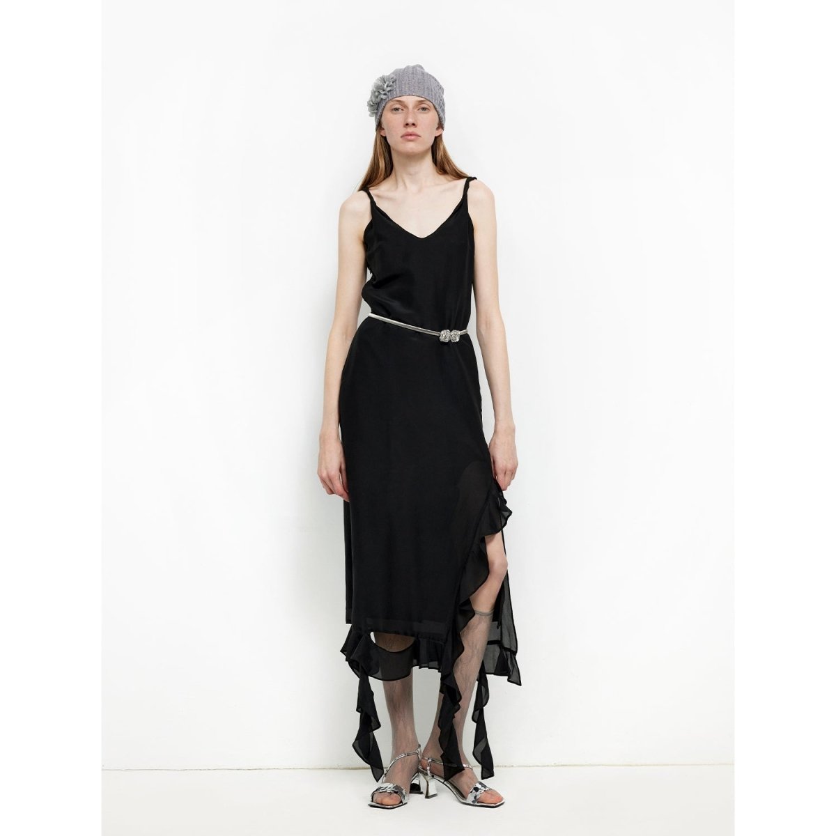 Silk V - Neck Ruffled Draped Twist Strap Summer Dress "Rosy Ombre" - The PM Edit