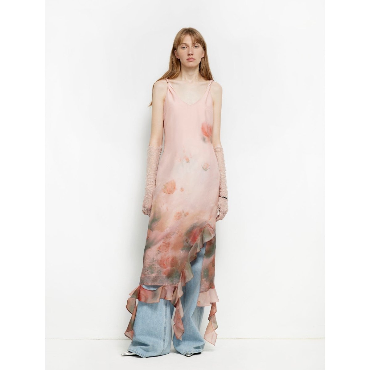 Silk V - Neck Ruffled Draped Twist Strap Summer Dress "Rosy Ombre" - The PM Edit