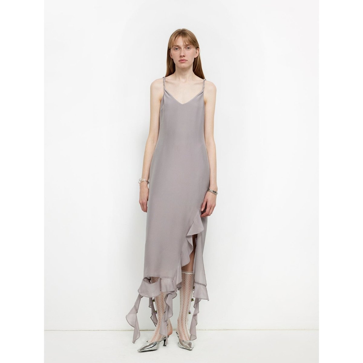 Silk V - Neck Ruffled Draped Twist Strap Summer Dress "Rosy Ombre" - The PM Edit