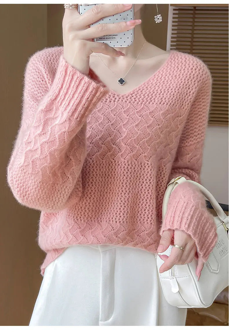 Wool V-Neck Pullover Sweater | Hollow Jacquard Knit | 8 Colors, Sizes M–XL