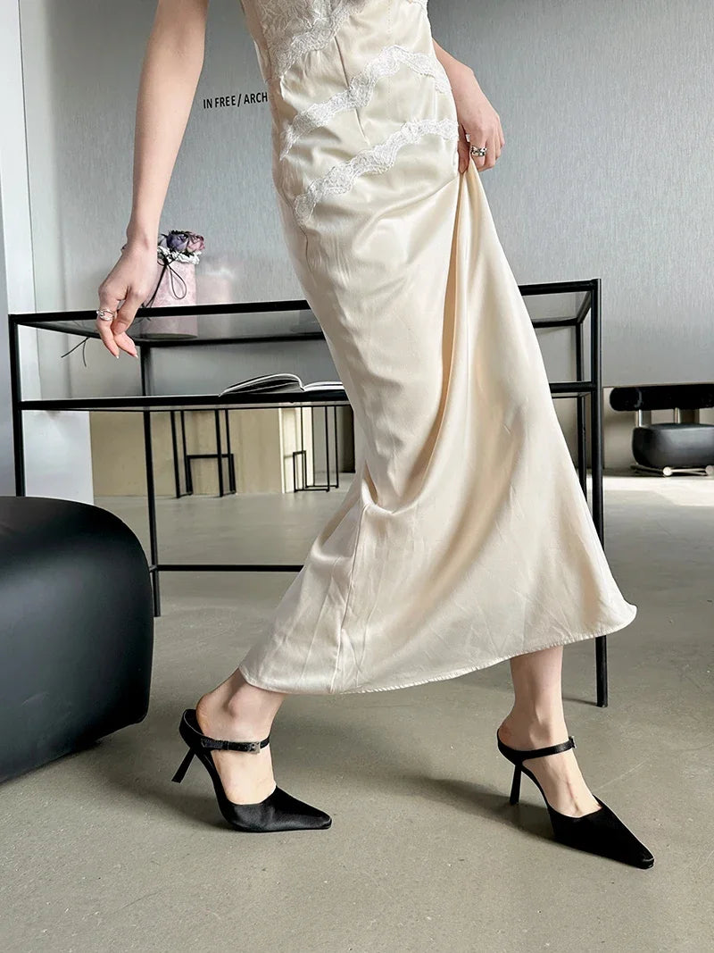 Pointed-Toe Strappy Slip-On Heels