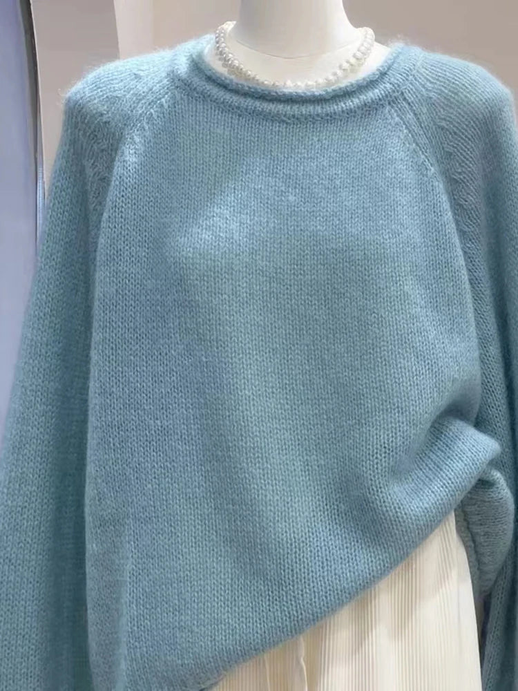 Pure Wool Round Neck Pullover Sweater | Raglan Sleeve, Loose Fit | Women's