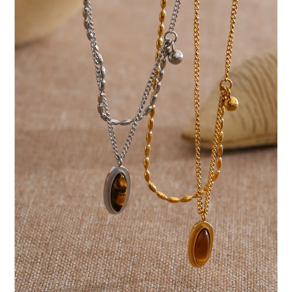 Layered Double Chain Necklace with Tiger's Eye Pendant | Gold & Silver