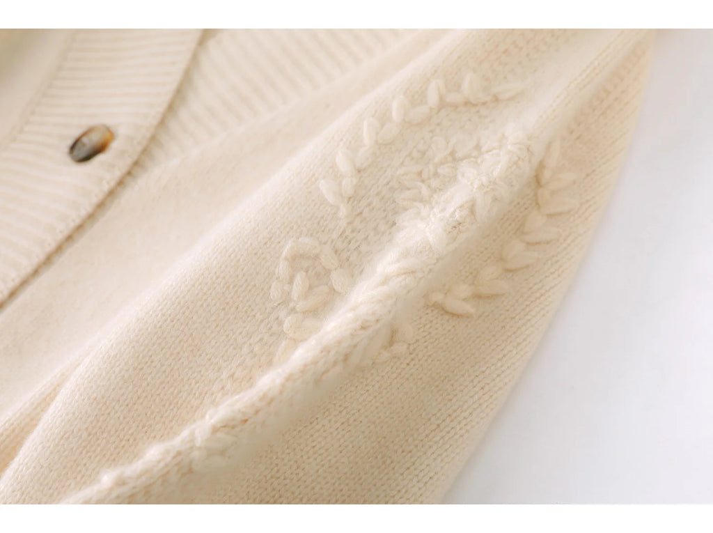 Wool V-Neck Cardigan | Cable Sleeve Detail, Oversized Fit | Women's