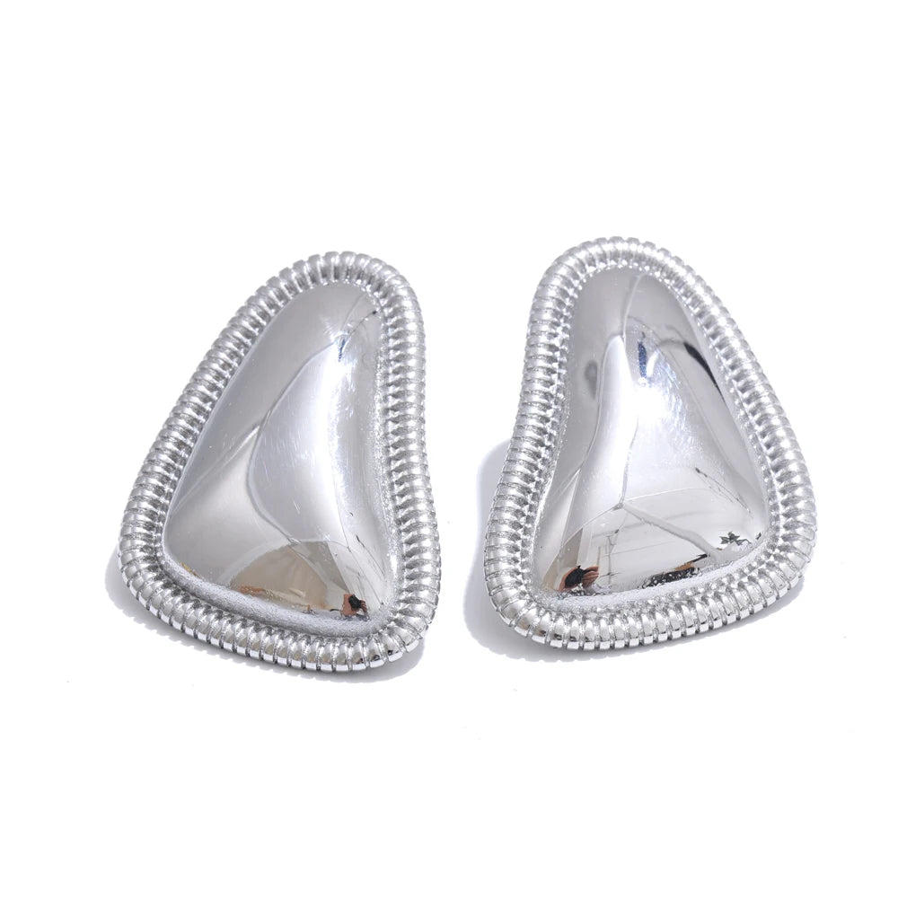 Rounded Triangle Stud Earrings - Stainless Steel Waterproof Non-Tarnish Geometric Ribbed Border Dome Post Earrings for Women (Platinum & Gold) | The PM Edit