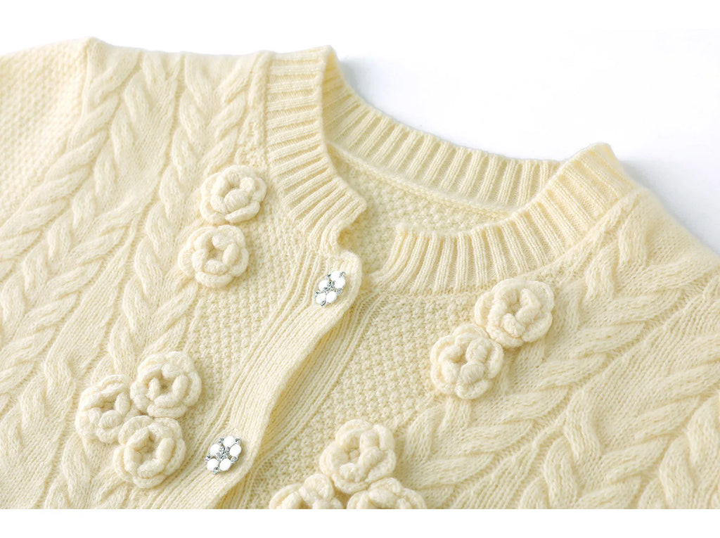 Floral Appliqué Cable-Knit Cardigan | Rhinestone Buttons, Drawstring Waist | 5 Colors, Sizes M–XXL