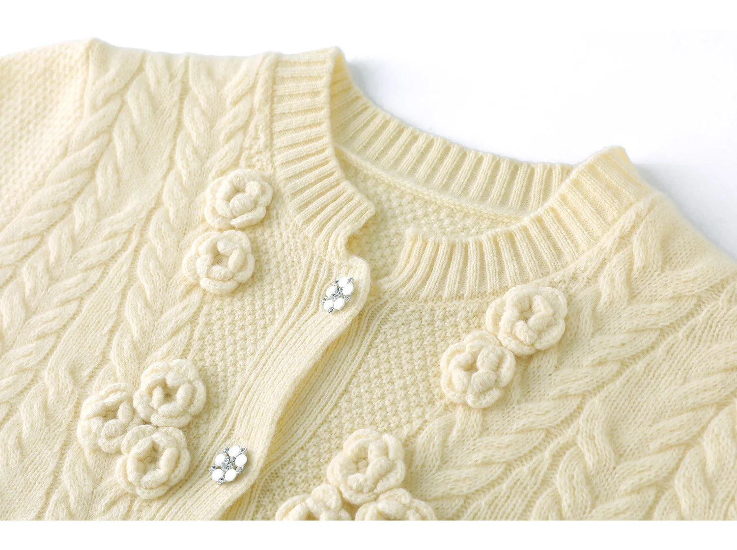Floral Appliqué Cable-Knit Cardigan | Rhinestone Buttons, Drawstring Waist | 5 Colors, Sizes M–XXL