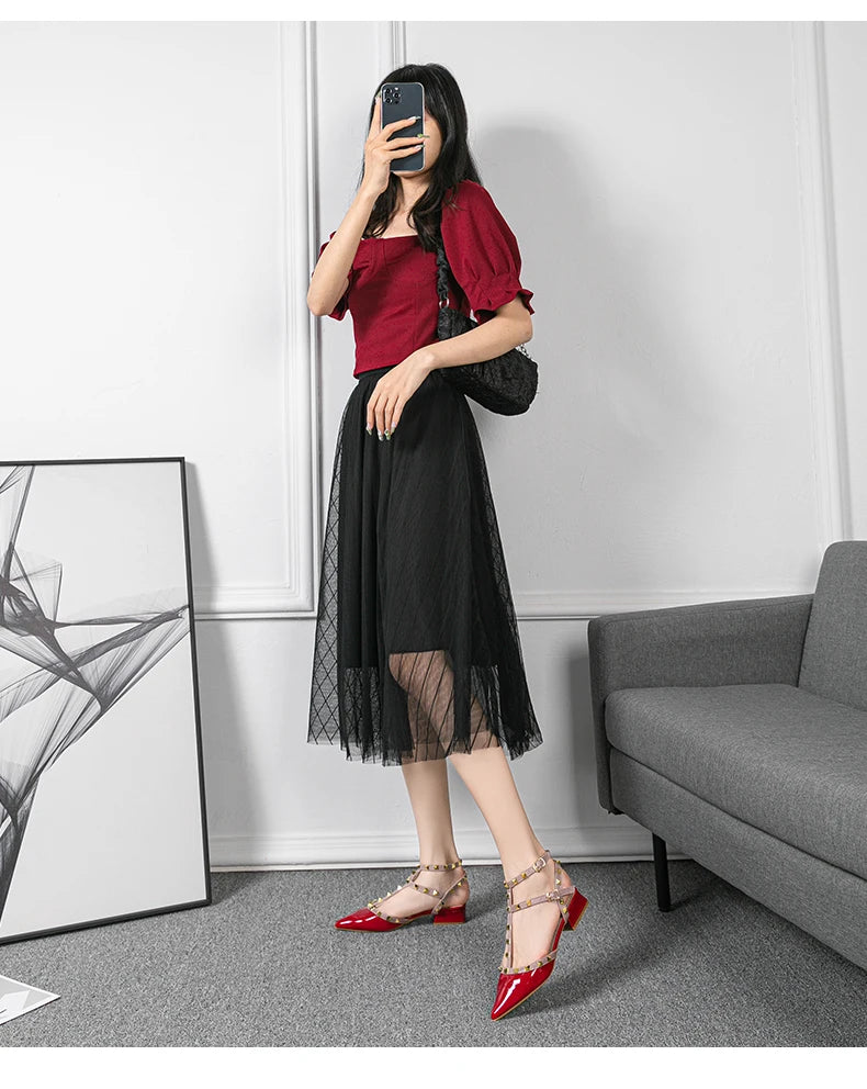 Rivet Strap Pointed-Toe Heeled Sandals | Square Heel