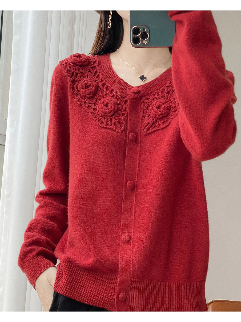 Crochet Floral Collar Cardigan | Button-Down Knit | 6 Colors, Sizes S–XXL